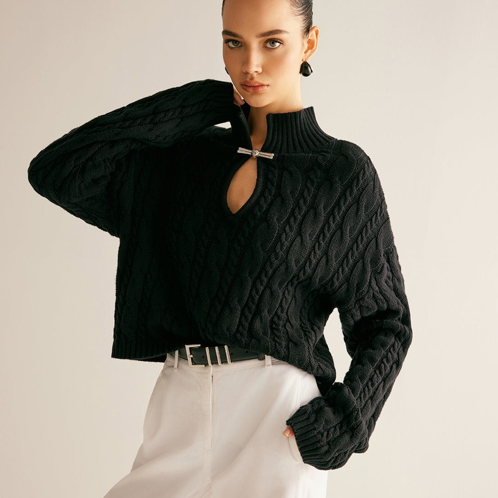 Commense Black Cable-Knit V-Neck Sweater with Keyhole